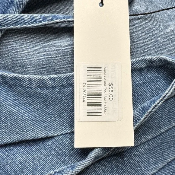 Denim Sleeveless Ruffled Tie Front Blouse - Picture 4 of 4